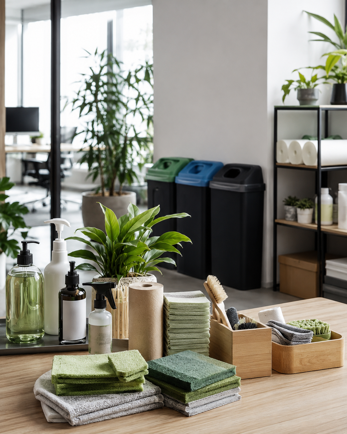 Facilities management supplies including cleaning products, hygiene essentials and recycling bins